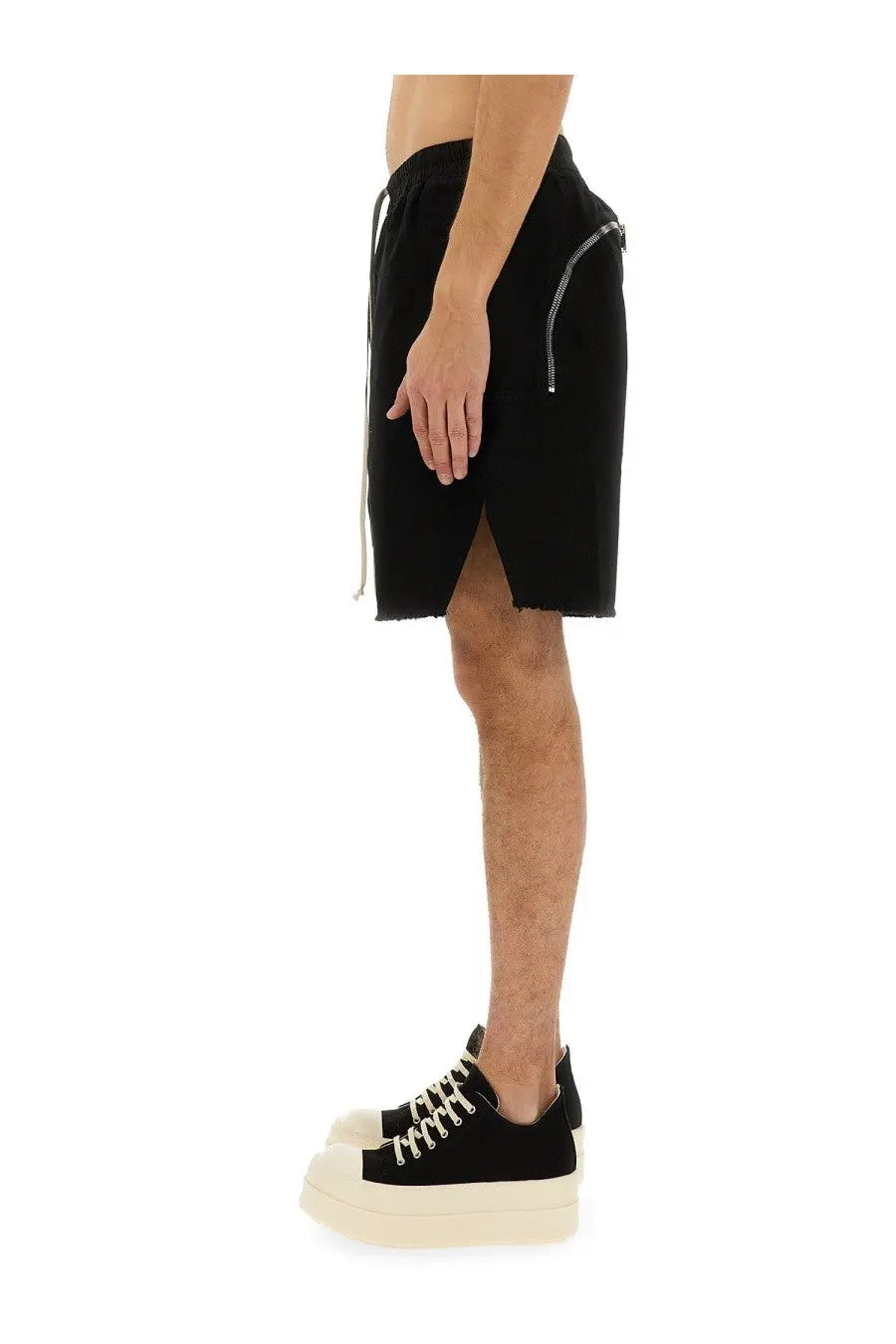 Drkshdw men’s zippered boxer shorts in black with a drawstring waist and silver side zipper detail
