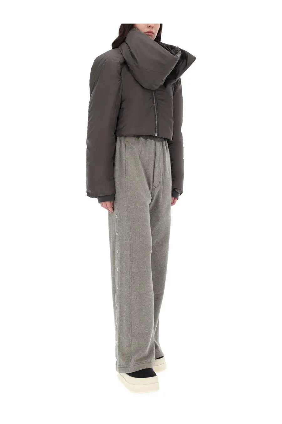 Drkshdw women’s convertible jkt jacket bronze in dark gray with voluminous oversized hood and quilted panels