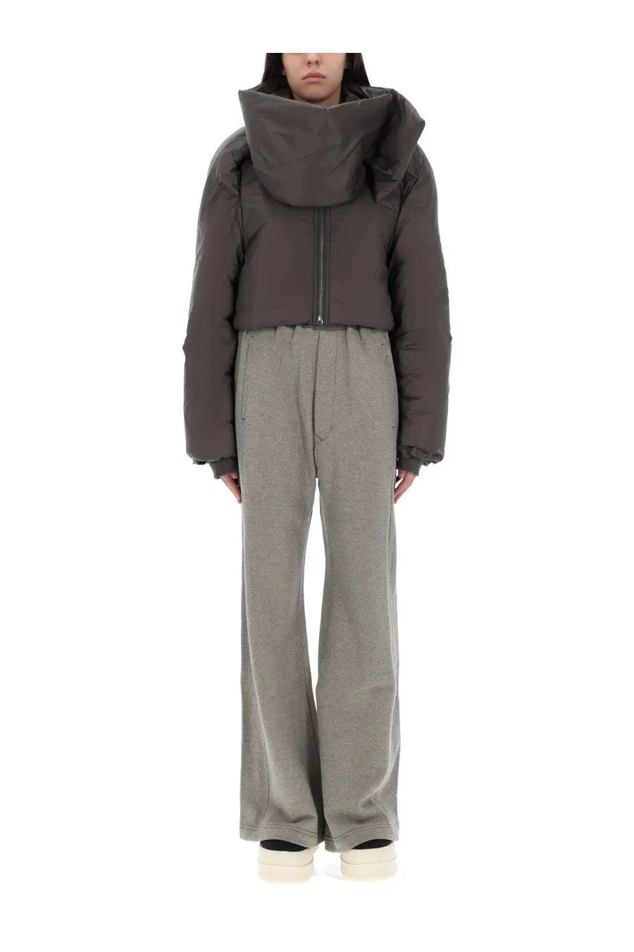 Dark gray drkshdw women’s convertible puffer jacket with voluminous hood and quilted design in bronze finish