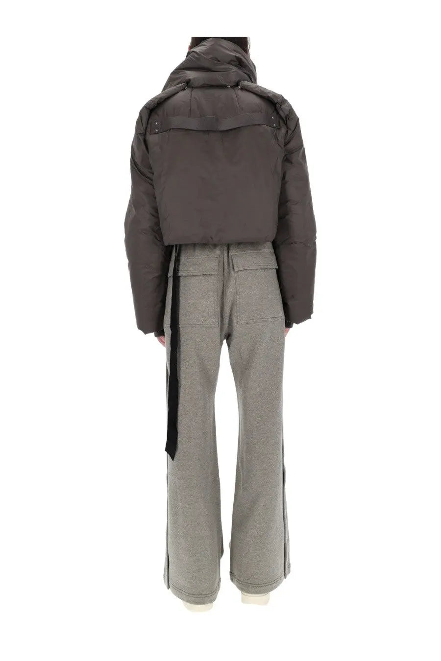 Dark gray drkshdw women’s convertible puffer jacket with hooded design and black strap accents in bronze material
