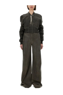 Dark olive green matte finished drkshdw women’s cropped bomber jacket with asymmetrical patchwork and central zipper