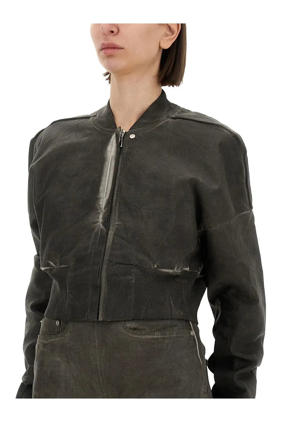 Dark olive green waxed cotton cropped bomber jacket with matte finish and subtle texture by drkshdw women’s flight jkt gray