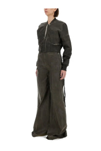 Dark olive green leather drkshdw women’s cropped bomber jacket with distressed details and zipper accents
