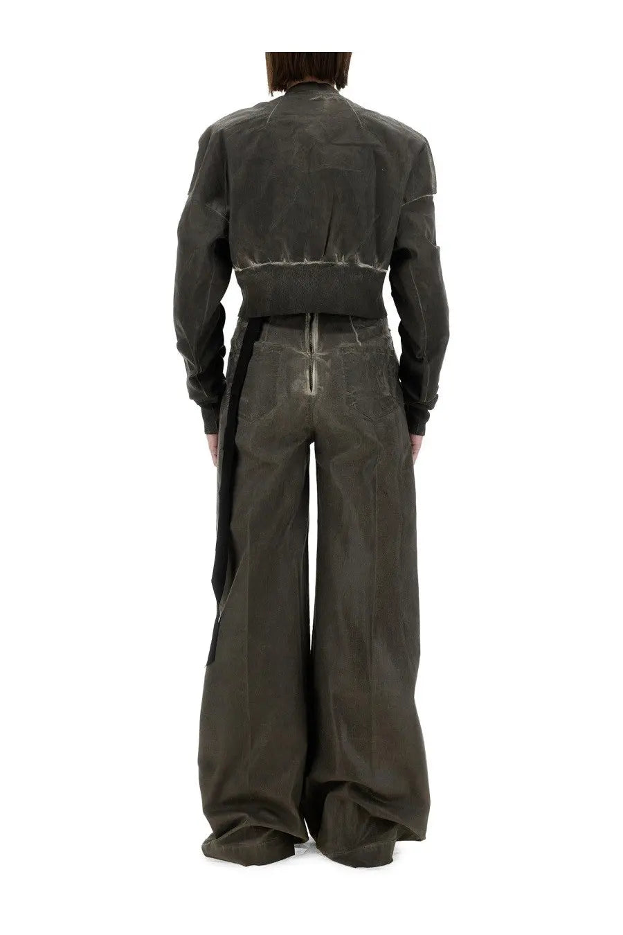 Drkshdw women’s dark olive green matte cropped bomber jacket with seam detailing flight jkt grey front view