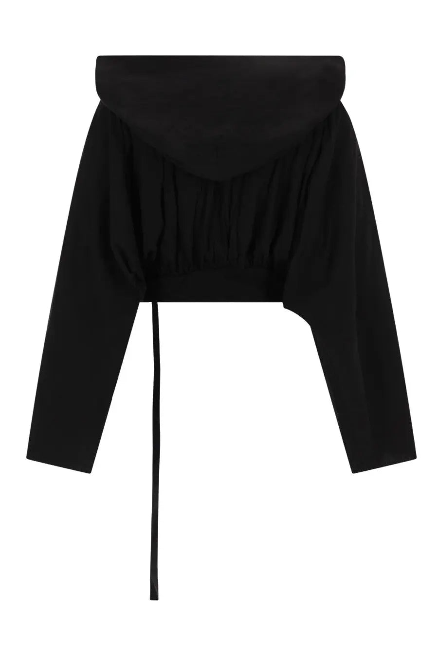 Drkshdw women’s black cropped hooded shirt with draped neckline and long sleeves for casual wear