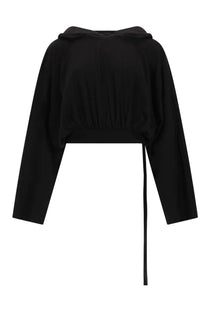 Drkshdw women’s black cropped hoodie with long sleeves and back drawstring shown from the back side