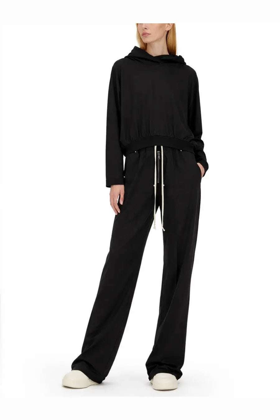 Drkshdw women’s cropped black hooded sweatshirt with long sleeves and a drawstring waistband for casual wear