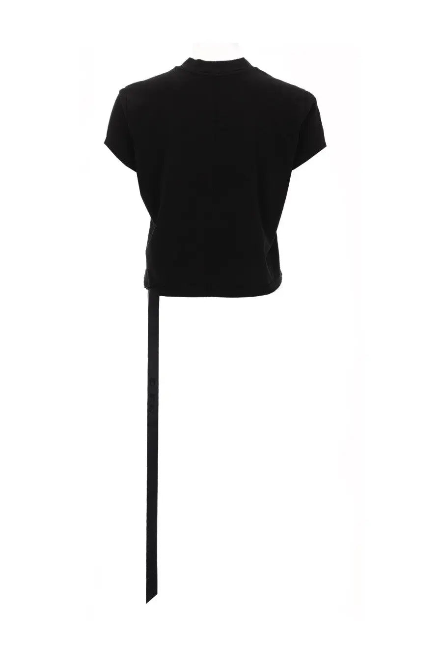 Black cropped short-sleeved drkshdw shirt showing back with long vertical ribbon extending from hem