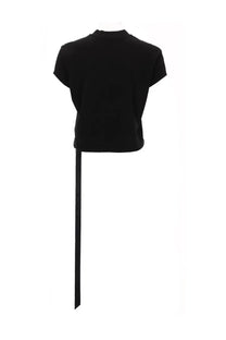 Black cropped short-sleeved drkshdw shirt showing back with long vertical ribbon extending from hem