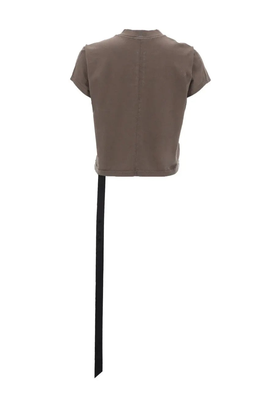 Back view of drkshdw women’s taupe cropped short-sleeved shirt with black ribbon detail at back hem