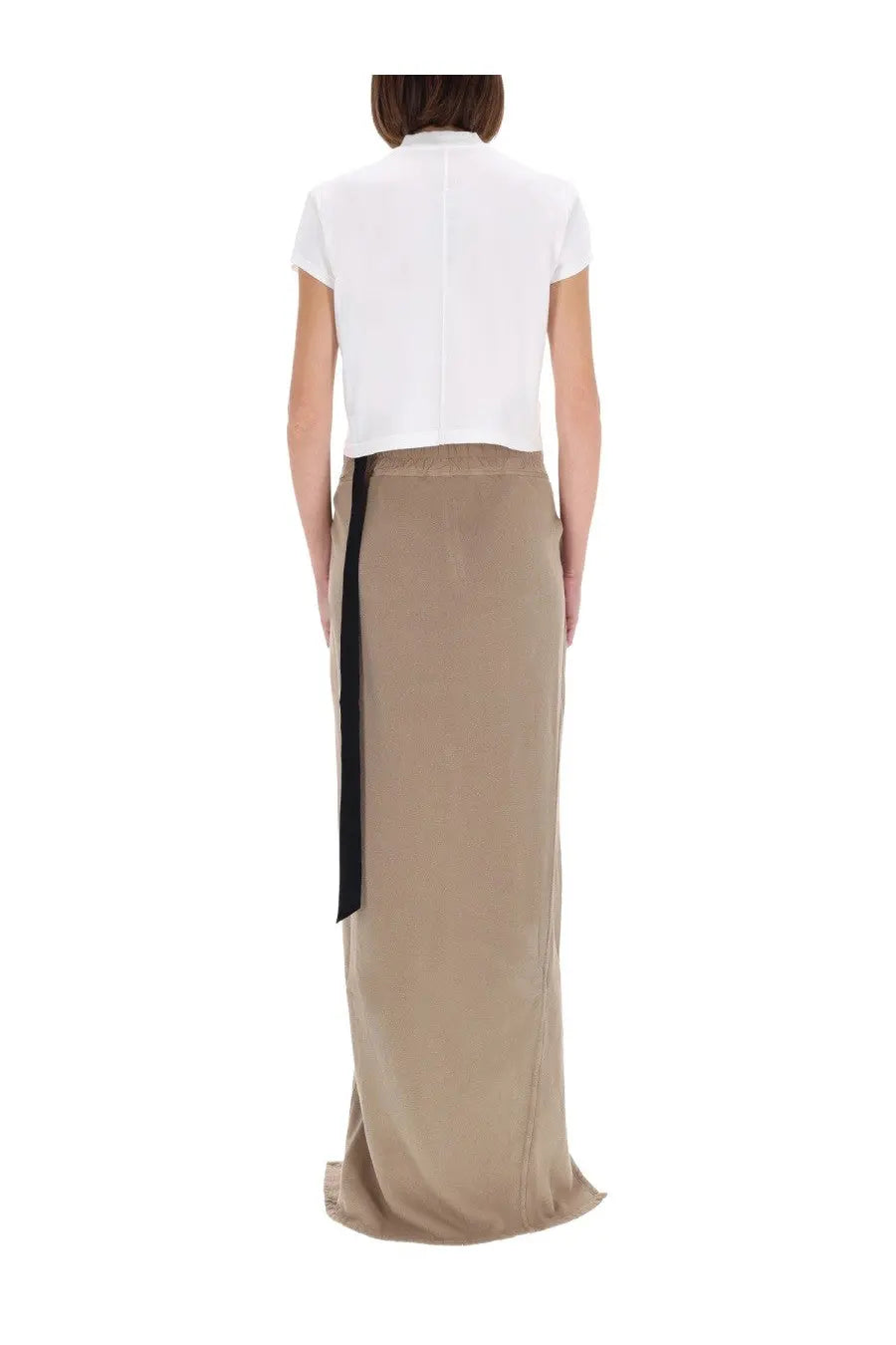 Beige satin maxi skirt with a black vertical stripe down the side from drkshdw women’s cropped small shirt white collection