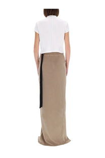Beige satin maxi skirt with a black vertical stripe down the side from drkshdw women’s cropped small shirt white collection