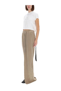 Beige wide-leg trousers with drawstring waist and side pockets shown with drkshdw women’s cropped small shirt white