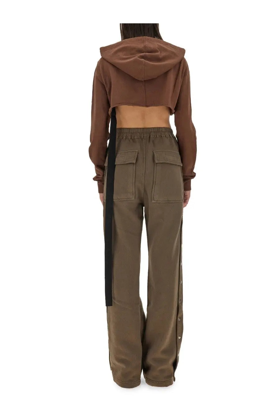 Drkshdw women’s brown cropped hoodie with hood and long sleeves paired with olive green wide-leg pants with pockets