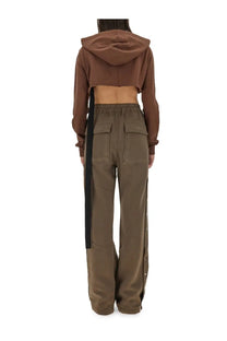 Drkshdw women’s brown cropped hoodie with hood and long sleeves paired with olive green wide-leg pants with pockets