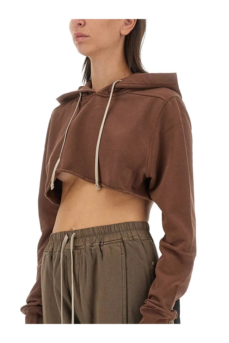 Drkshdw women’s brown cropped hoodie with contrasting off-white drawstrings perfect for casual wear