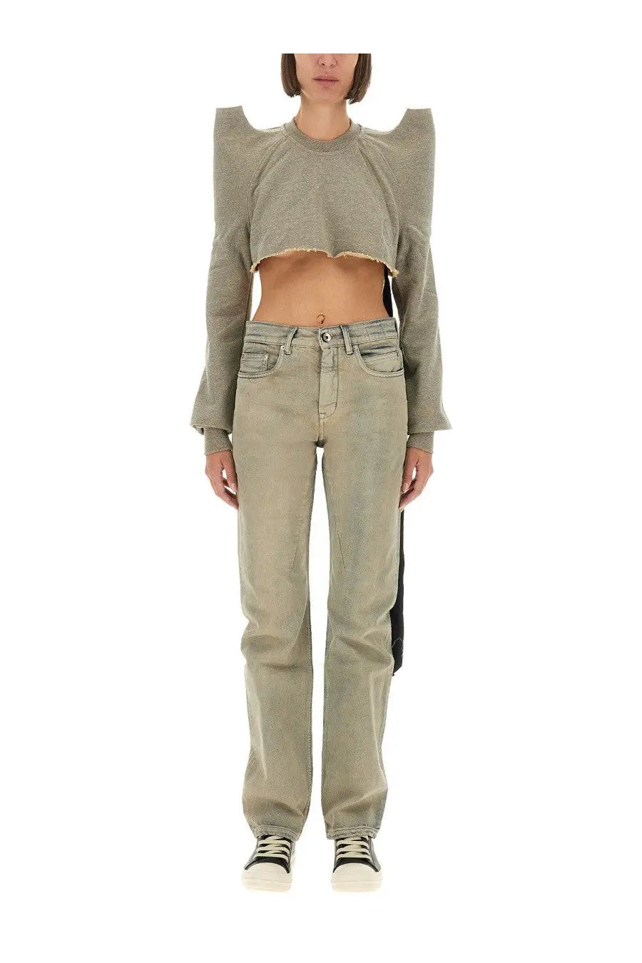 Drkshdw women’s cropped grey long-sleeved sweatshirt with shoulder cutouts and frayed hemline
