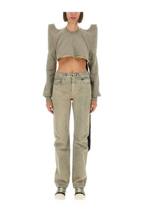 Drkshdw women’s cropped grey long-sleeved sweatshirt with shoulder cutouts and frayed hemline