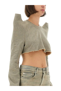 Drkshdw women’s cropped gray sweatshirt with long sleeves distressed hem and angular shoulder cutouts