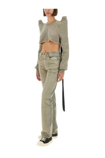 Olive green drkshdw women’s cropped sweatshirt with structured wing-like shoulder panels and frayed hemline