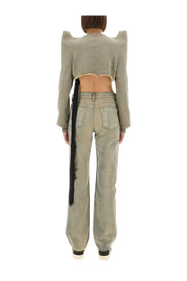 Drkshdw women’s cropped sweatshirt in grey with olive-green knit fabric, dramatic shoulder pads, and raw hemline