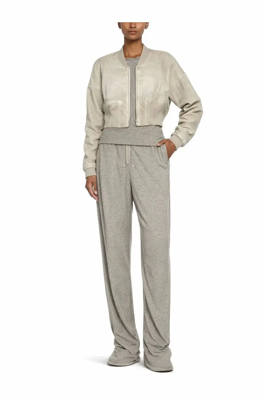 Beige drkshdw women’s denim flight bomber jacket with matte finish and subtle stitching details