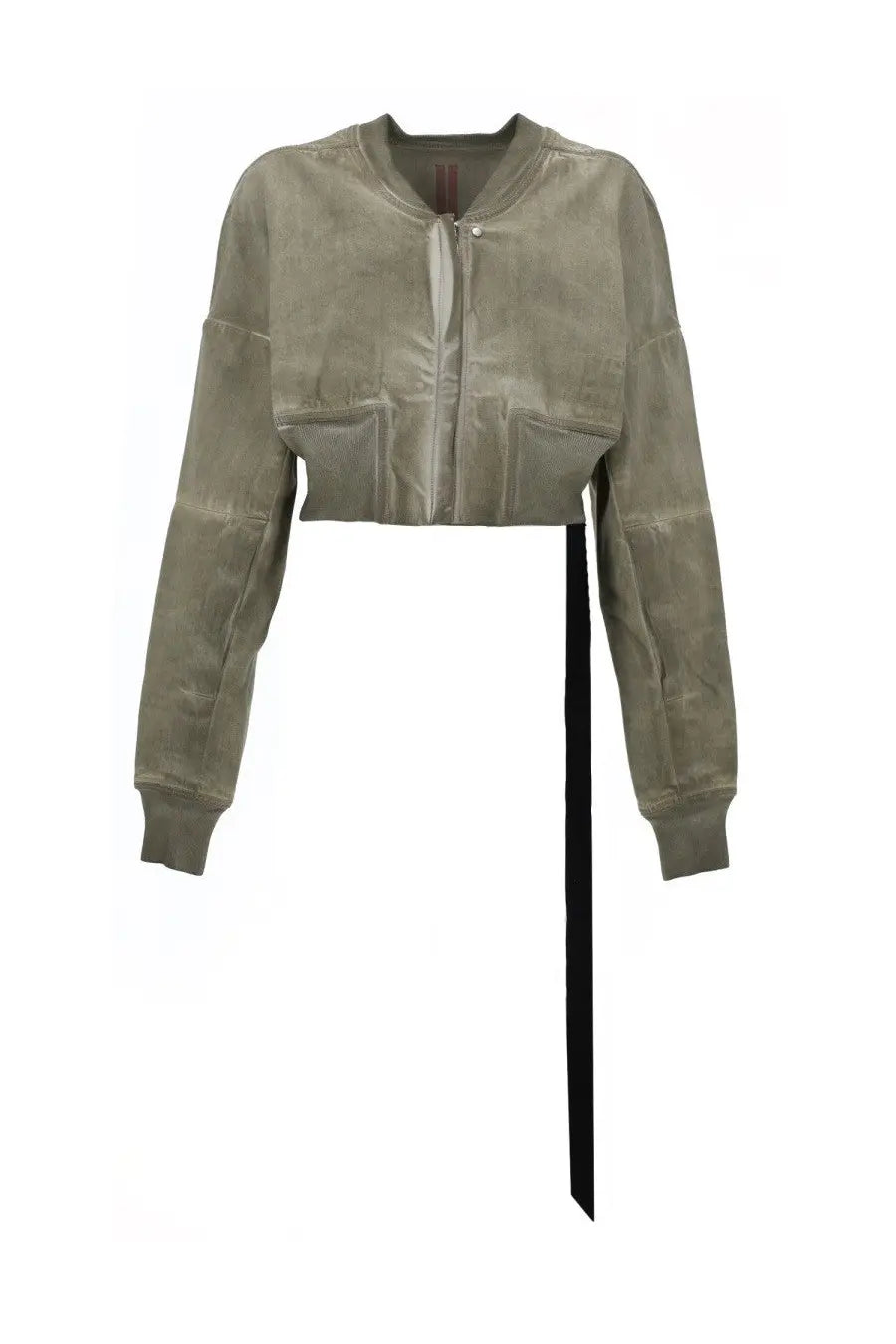 Olive green cropped bomber jacket with black tie belt and subtle texture from DRKSHDW womens denim flight collection