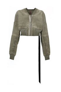 Olive green cropped bomber jacket with black tie belt and subtle texture from DRKSHDW womens denim flight collection
