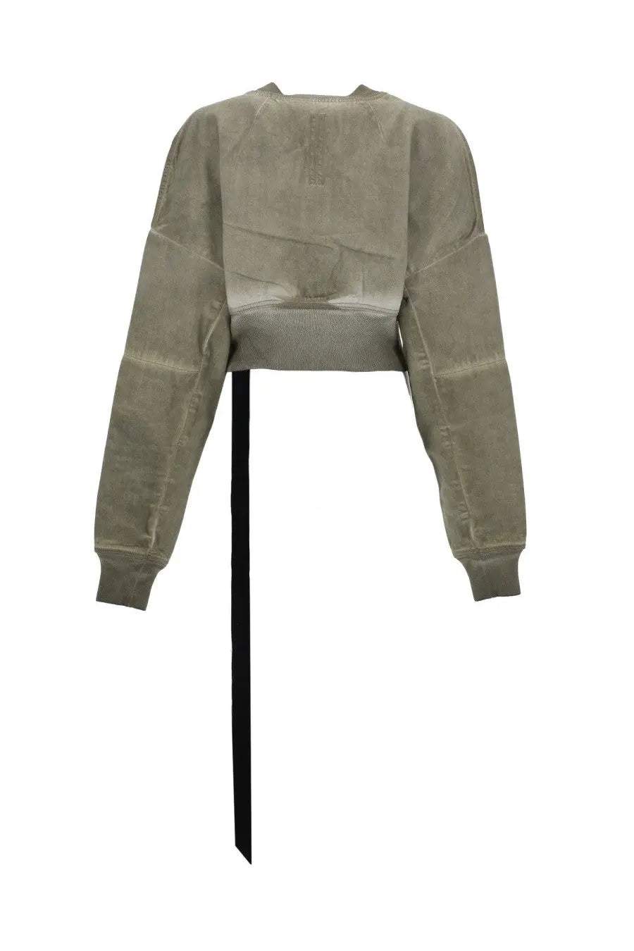 Drkshdw women’s brown denim flight bomber jacket shown with olive green velvet cropped sweater with black waist ribbon