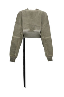Drkshdw women’s brown denim flight bomber jacket shown with olive green velvet cropped sweater with black waist ribbon