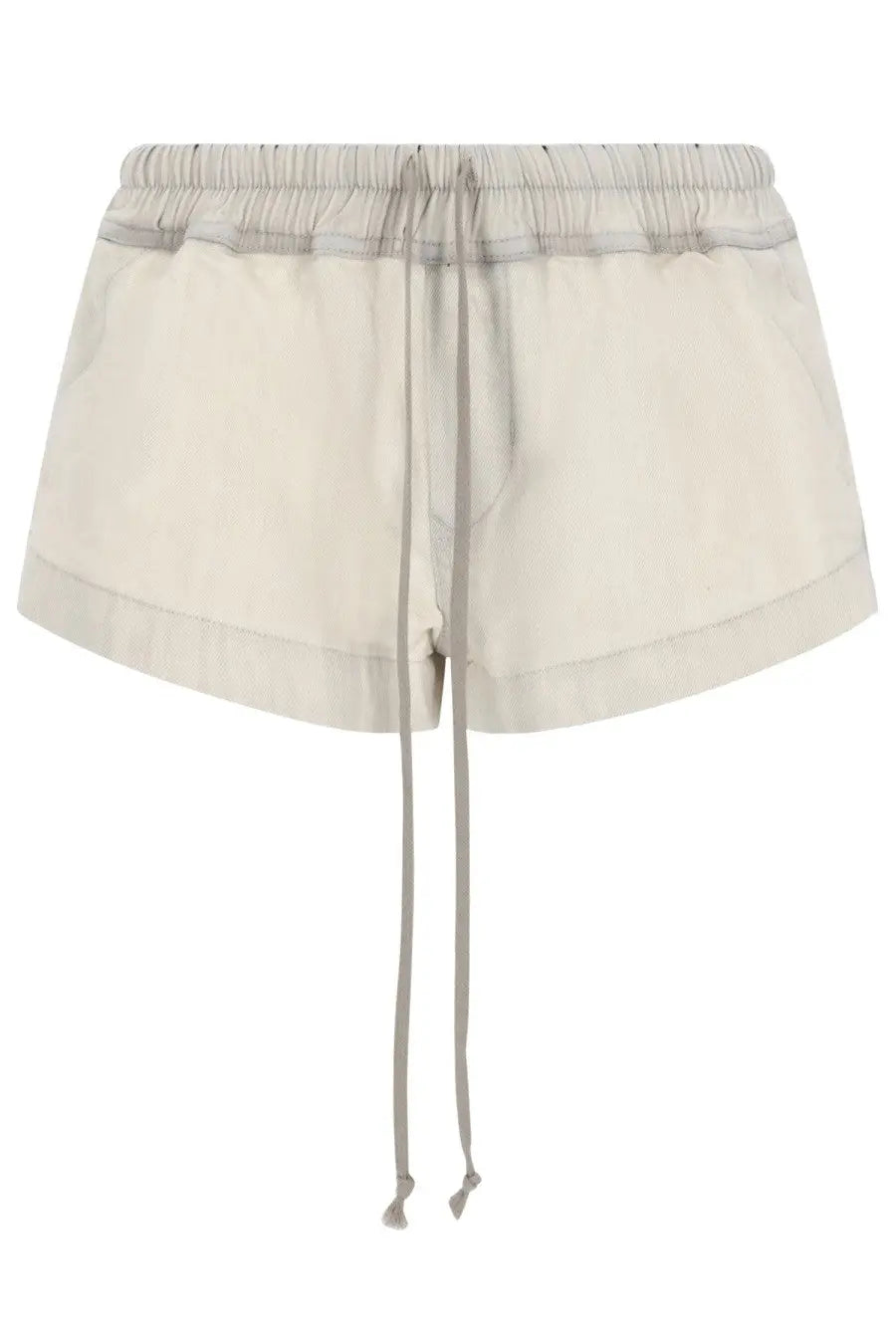 Cream-colored lightweight women’s denim shorts with elastic waistband and matching drawstring by drkshdw white