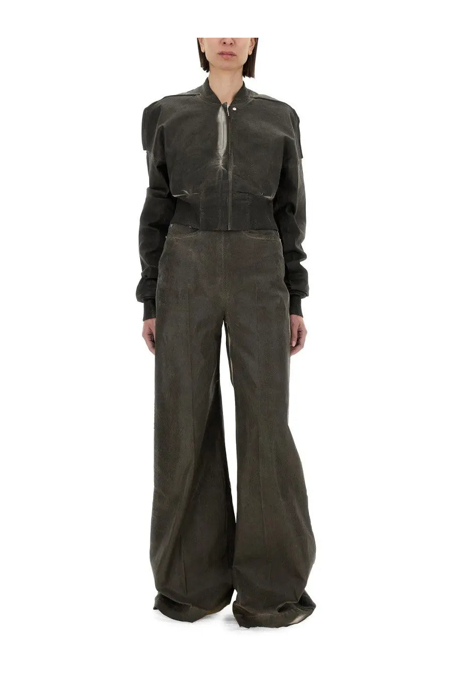Dark olive green matte finish bomber jacket with subtle reflective zipper paired with drkshdw women’s grey denim pants