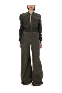 Dark olive green matte finish bomber jacket with subtle reflective zipper paired with drkshdw women’s grey denim pants