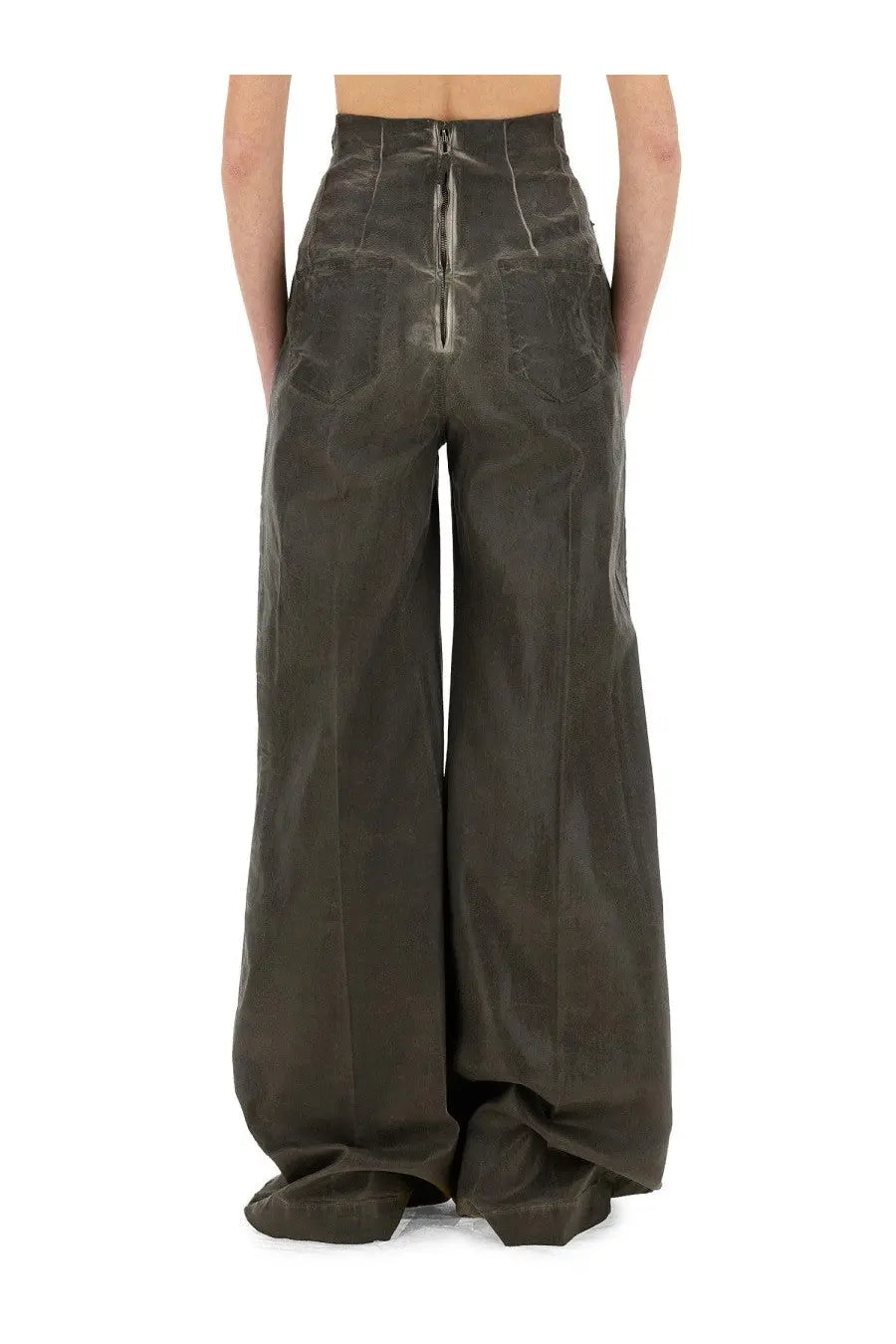 Dark olive green drkshdw women’s dirt cooper denim pants back side with high waisted wide leg and central zipper
