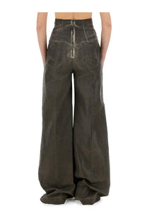Dark olive green drkshdw women’s dirt cooper denim pants back side with high waisted wide leg and central zipper