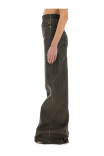 Dark olive green wide-leg denim trousers with straight cut silhouette and visible stitching from DRKSHDW women’s collection