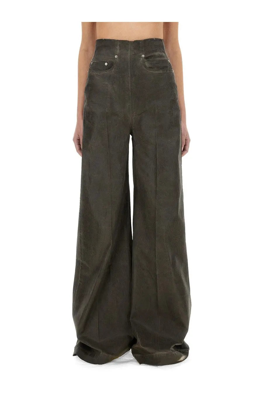 Dark olive high waist wide-leg denim pants with subtle distressing from DRKSHDW Women’s Dirt Cooper collection