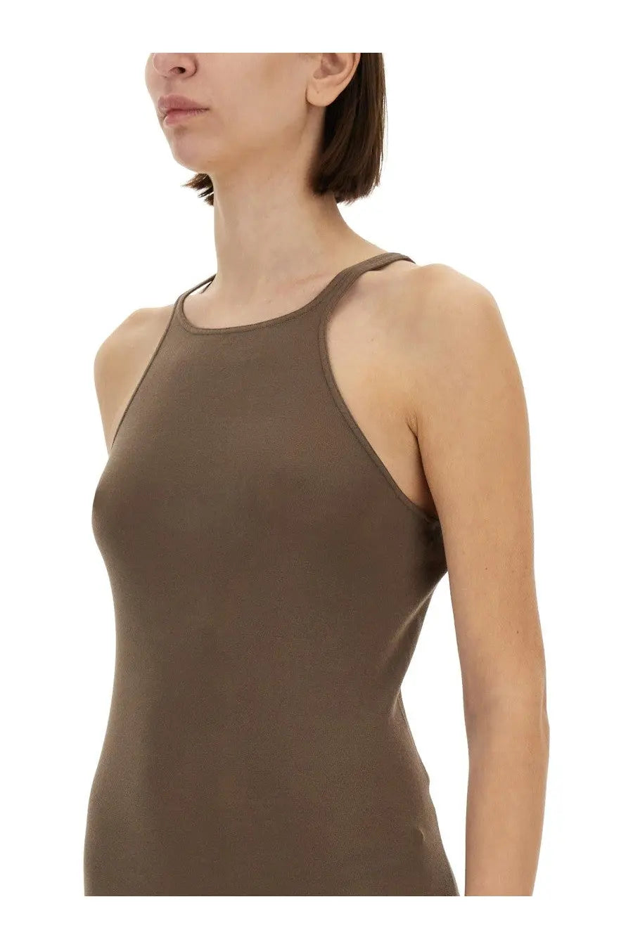 Drkshdw women’s dress tank beige racerback in olive green with smooth, form-fitting silhouette