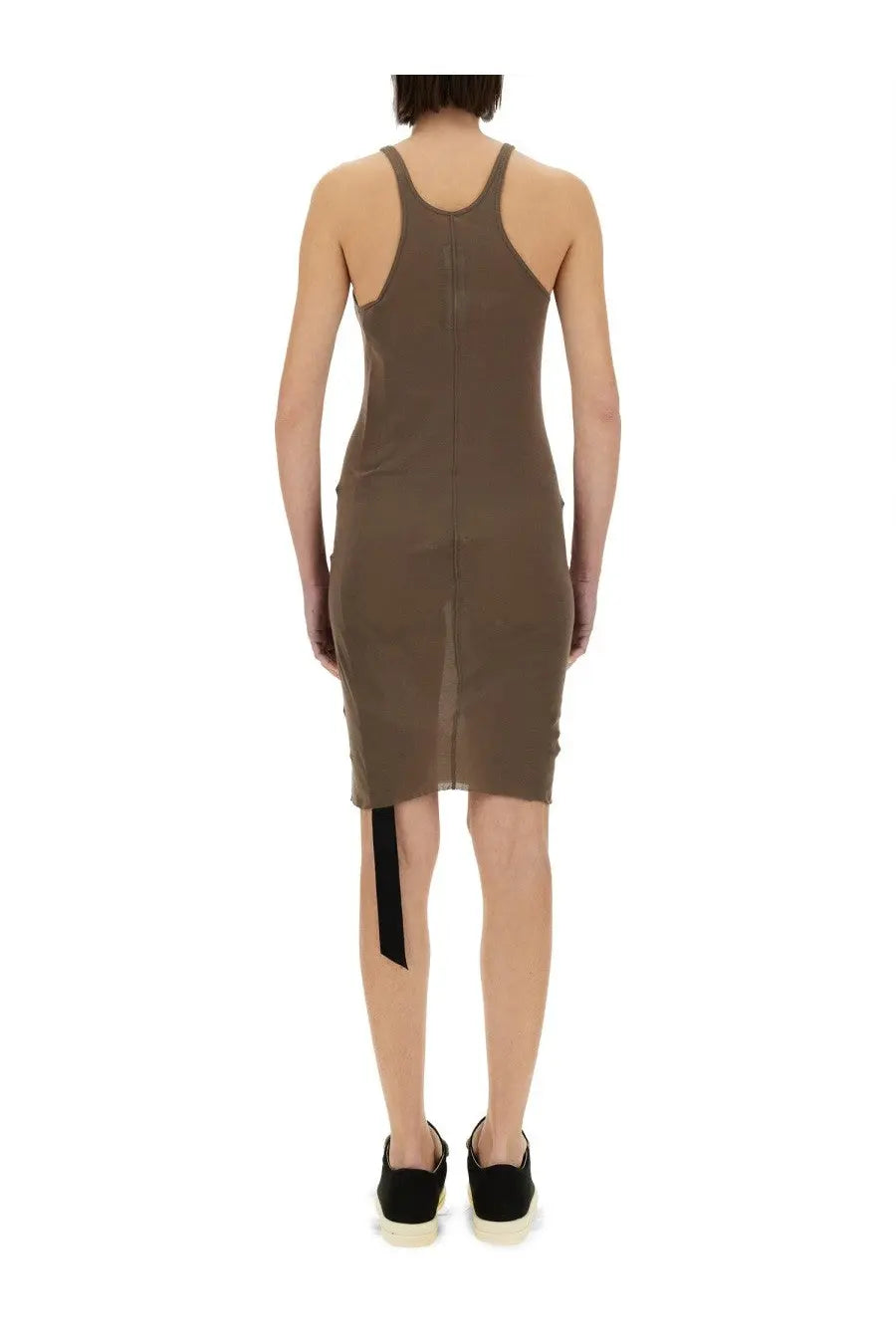 Drkshdw women’s olive-green sleeveless dress tank with high neckline and asymmetrical hemline featuring black strip