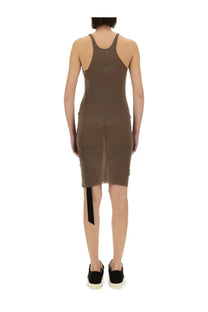 Drkshdw women’s olive-green sleeveless dress tank with high neckline and asymmetrical hemline featuring black strip