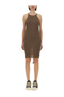 Drkshdw women’s sleeveless olive-green knit dress with high neckline and sheer panel at hem in beige tone