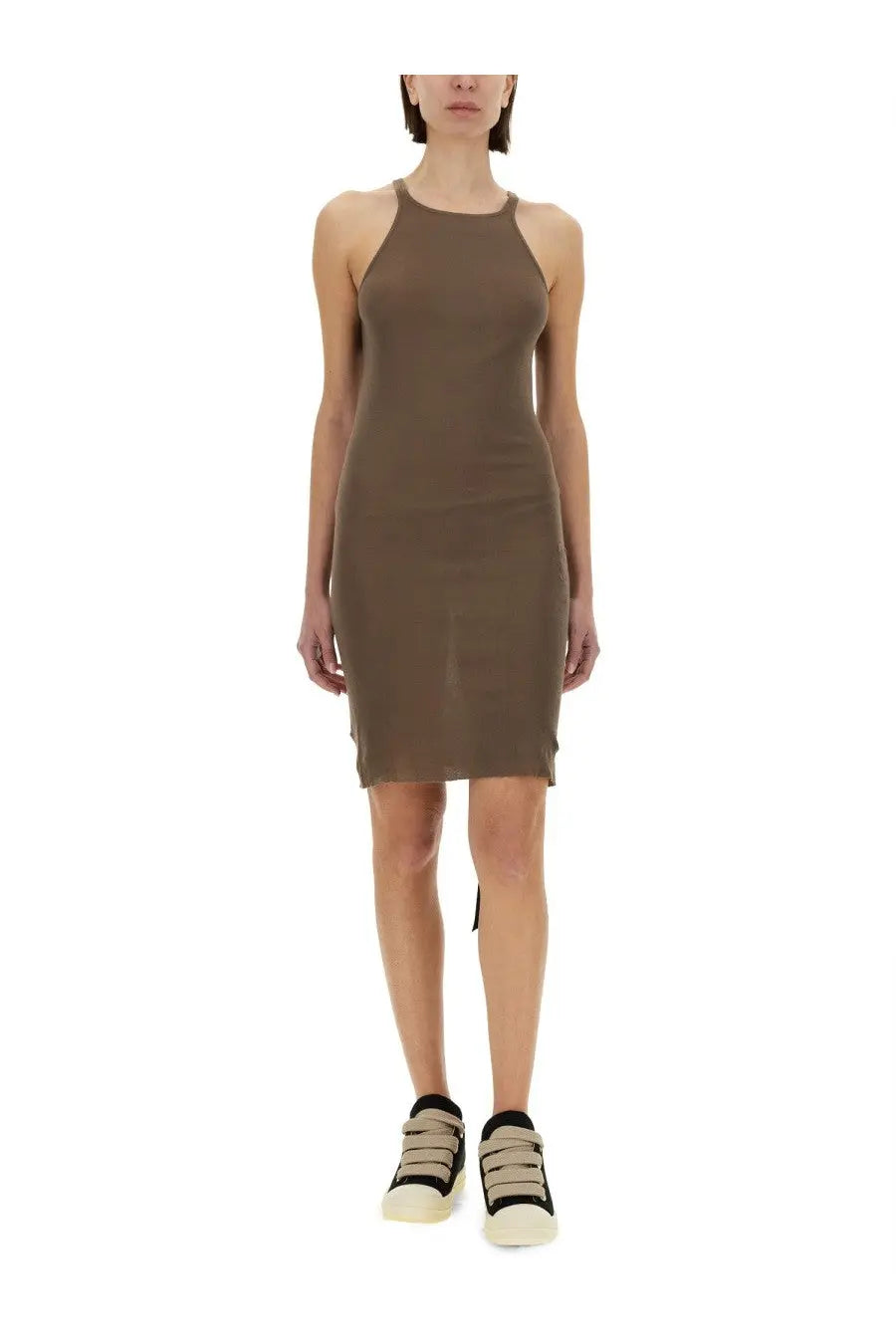 Drkshdw women’s sleeveless olive green knit dress with high neckline and fitted silhouette