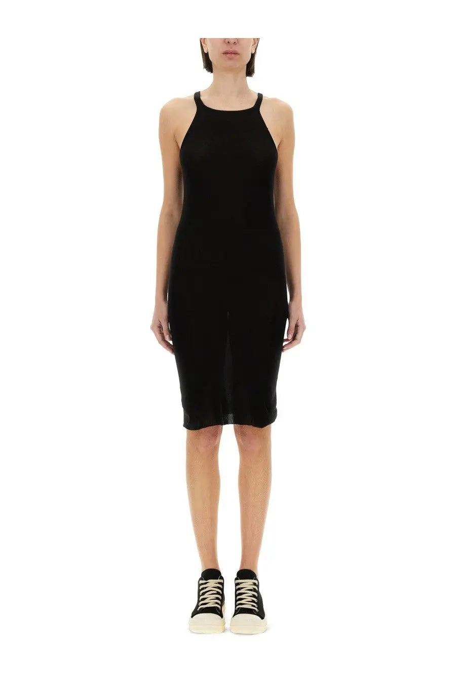 Drkshdw women’s black sleeveless knit dress with high neckline and mid-thigh length tank style