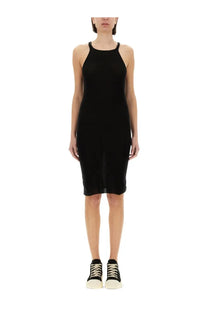 Drkshdw women’s black sleeveless knit dress with high neckline and mid-thigh length tank style