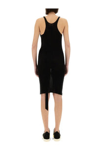 Back view of drkshdw women’s black sleeveless knit dress with back slit and asymmetrical hemline