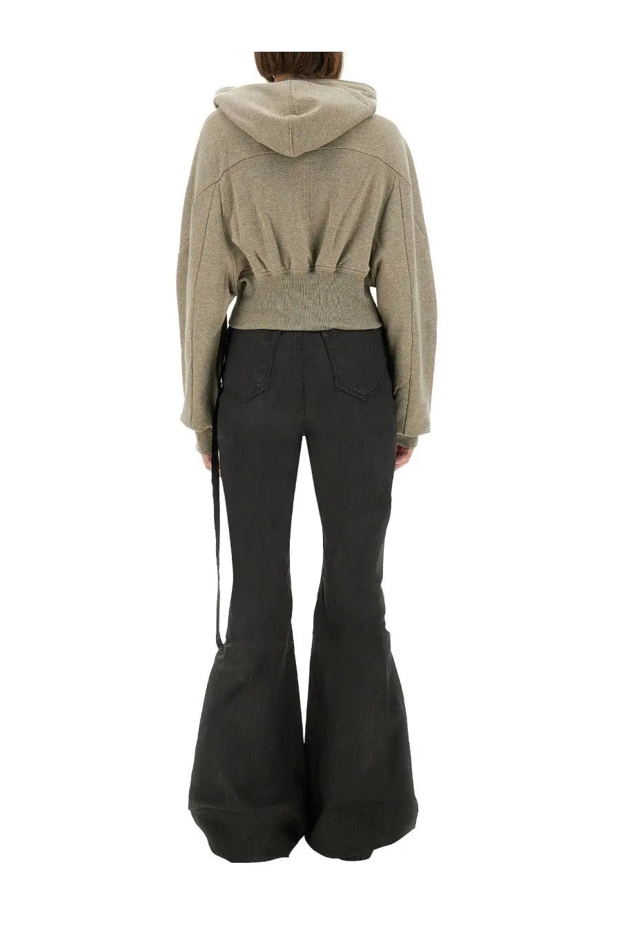 Beige cropped hoodie with ribbed waistband and subtle textured fabric from DRKSHDW women’s gimp collage sweatshirt grey