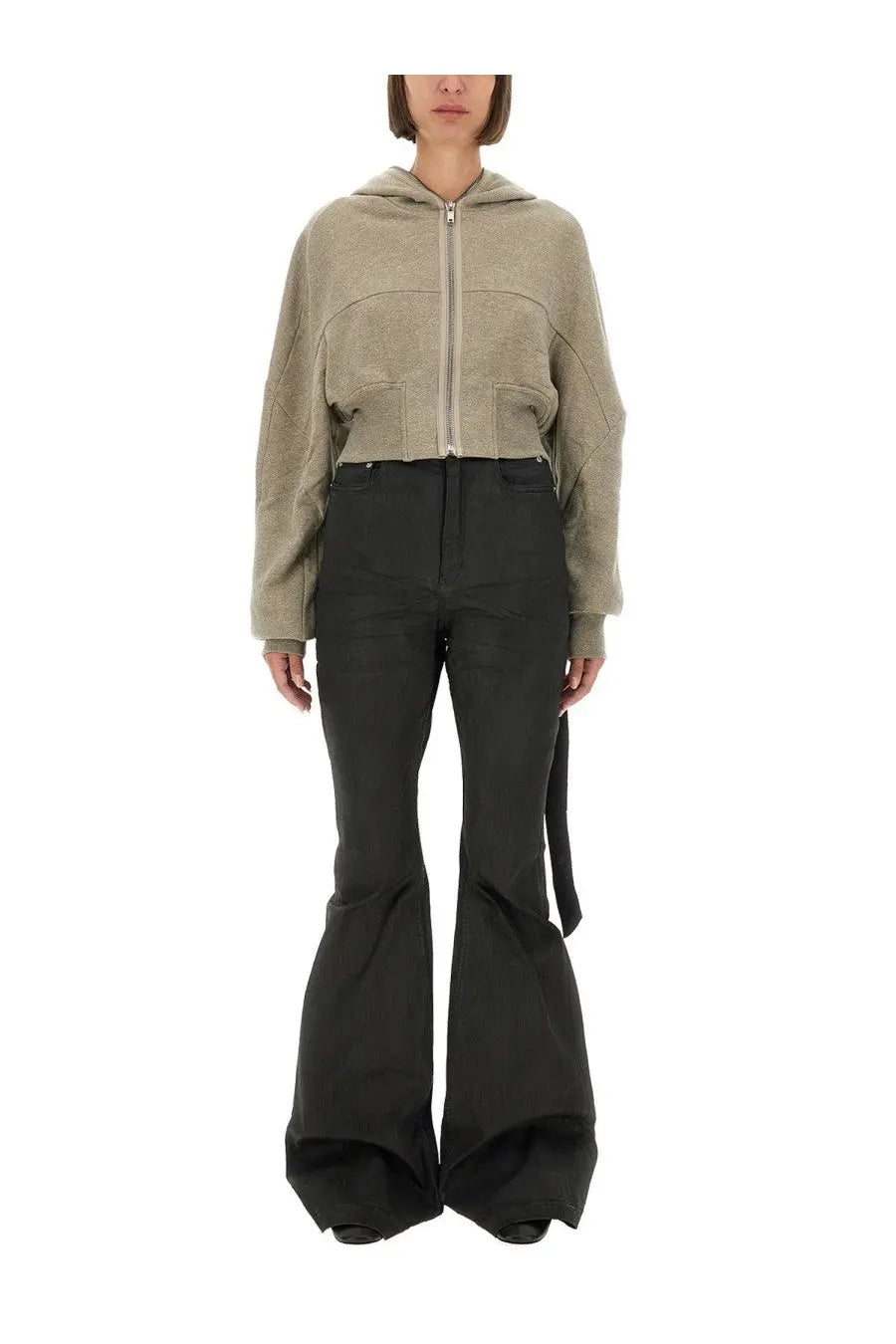 Drkshdw women’s gimp collage sweatshirt grey featuring a beige cropped zip-up hoodie with hood and patchwork design
