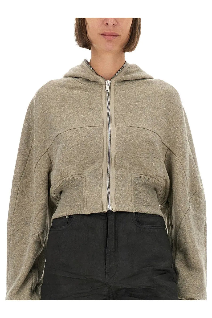 Drkshdw women’s olive green cropped hooded sweatshirt with front zipper and patch pockets in cotton blend