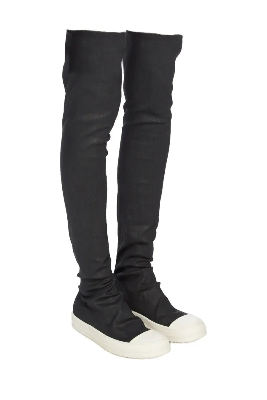 Drkshdw women’s high sock sneaks boot black with sleek stretchy fabric upper and contrasting white rubber soles