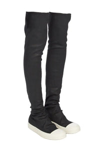 Drkshdw women’s high sock sneaks boot black with sleek stretchy fabric upper and contrasting white rubber soles
